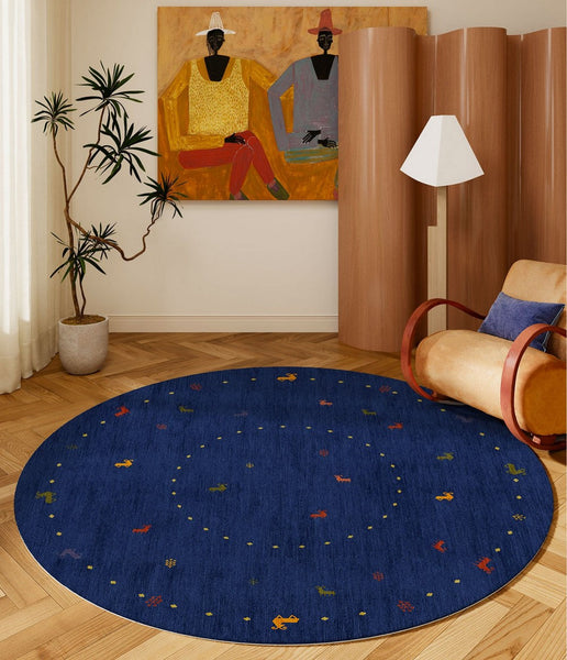 Blue Circular Modern Rugs for Bathroom, Geometric Modern Rug Ideas for Living Room, Modern Rugs for Children's Room, Abstract Contemporary Round Rugs for Dining Room-Silvia Home Craft