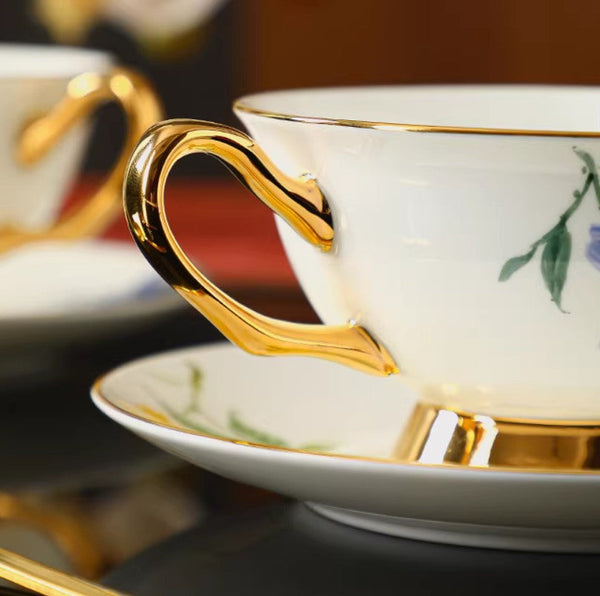Elegant Ceramic Coffee Cup and Saucer, 7.4 oz Floral Porcelain Tea Cup and Saucer Set, Flower Porcelain Cup and Saucer Set, Beautiful British Flower Tea Cups-Silvia Home Craft