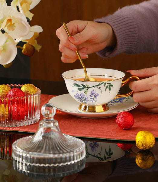 Elegant Ceramic Coffee Cup and Saucer, 7.4 oz Floral Porcelain Tea Cup and Saucer Set, Flower Porcelain Cup and Saucer Set, Beautiful British Flower Tea Cups-Silvia Home Craft