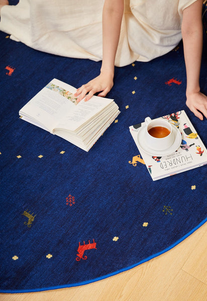 Blue Circular Modern Rugs for Bathroom, Geometric Modern Rug Ideas for Living Room, Modern Rugs for Children's Room, Abstract Contemporary Round Rugs for Dining Room-Silvia Home Craft