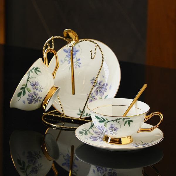Elegant Ceramic Coffee Cup and Saucer, 7.4 oz Floral Porcelain Tea Cup and Saucer Set, Flower Porcelain Cup and Saucer Set, Beautiful British Flower Tea Cups-Silvia Home Craft