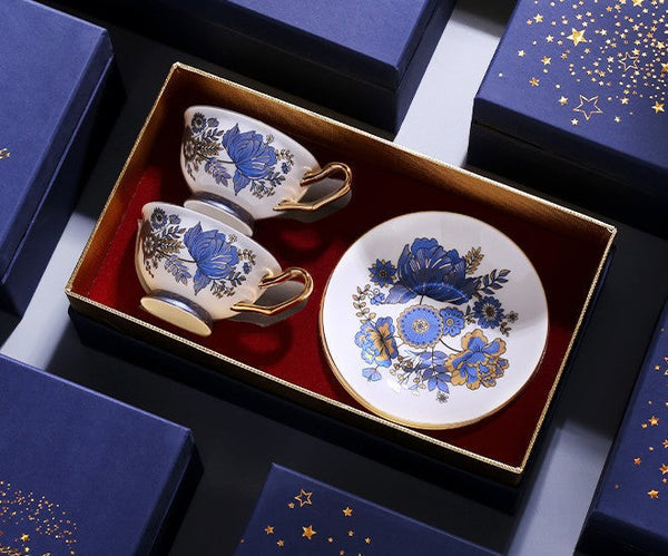Afternoon British Tea Cups, Unique Iris Flower Tea Cups and Saucers in Gift Box, Elegant Ceramic Coffee Cups, Royal Bone China Porcelain Tea Cup Set-Silvia Home Craft