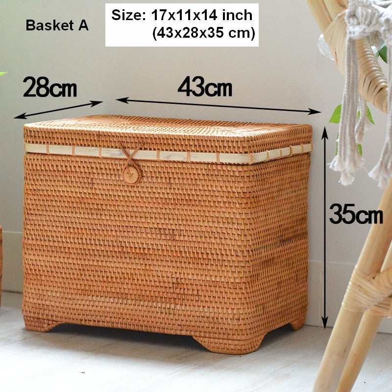 Large Rectangular Storage Basket with Lid, Rattan Storage Case, Storage Baskets for Bedroom, Rectangular Woven Storage Baskets for Clothes-Silvia Home Craft