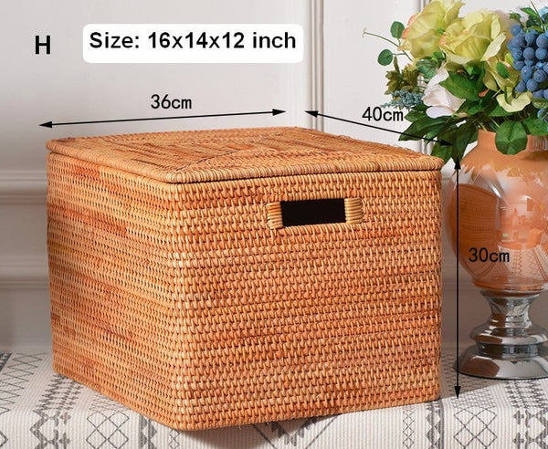 Rectangular Storage Basket with Lid, Rattan Storage Baskets for Clothes, Kitchen Storage Baskets, Oversized Storage Baskets for Living Room-Silvia Home Craft