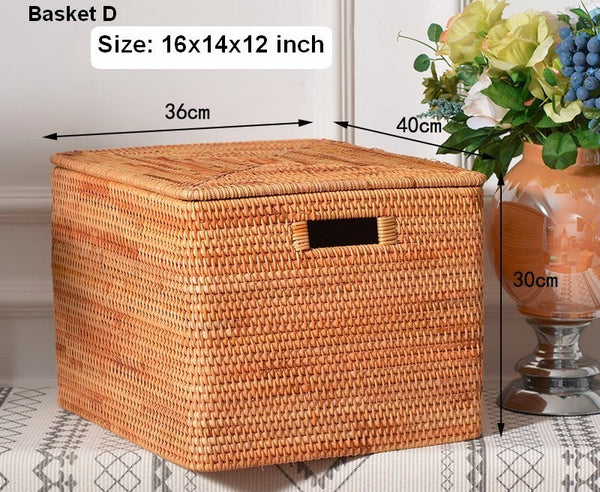 Rectangular Storage Basket with Lid, Rattan Storage Basket for Shelves, Extra Large Storage Baskets for Bedroom, Storage Baskets for Clothes-Silvia Home Craft