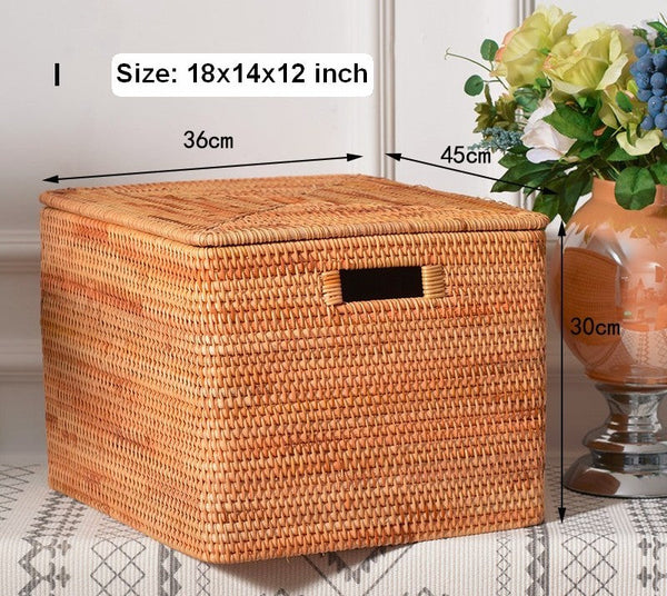 Rectangular Storage Basket with Lid, Rattan Storage Baskets for Clothes, Kitchen Storage Baskets, Oversized Storage Baskets for Living Room-Silvia Home Craft