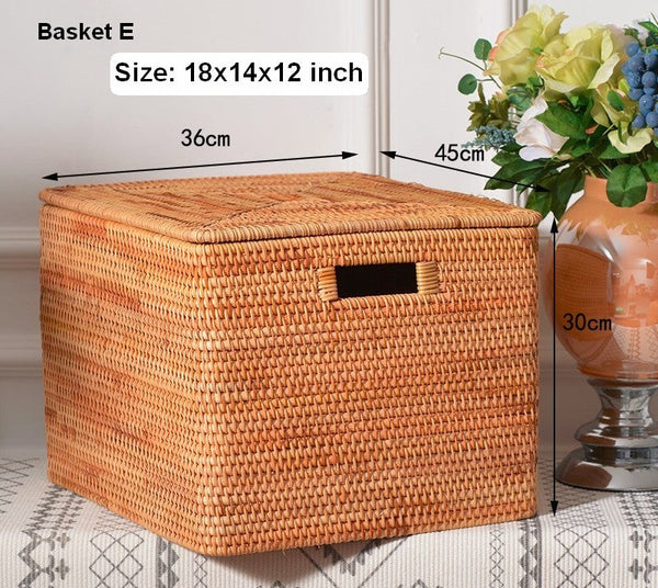 Rectangular Storage Basket with Lid, Rattan Storage Basket for Shelves, Extra Large Storage Baskets for Bedroom, Storage Baskets for Clothes-Silvia Home Craft