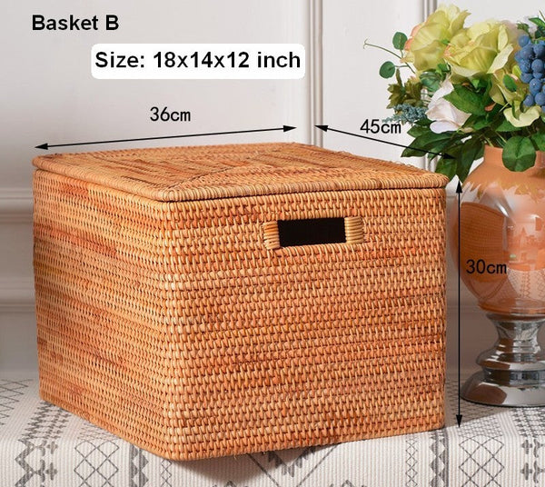 Large Rectangular Storage Basket with Lid, Rattan Storage Case, Storage Baskets for Bedroom, Rectangular Woven Storage Baskets for Clothes-Silvia Home Craft