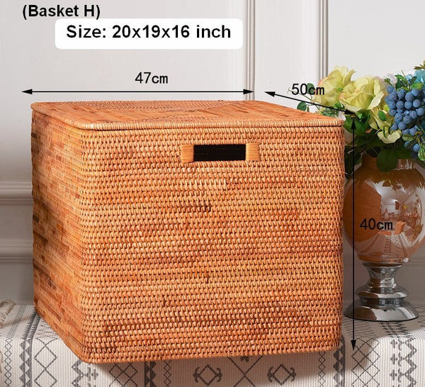Woven Rectangular Storage Baskets, Rattan Storage Basket with Lid, Storage Baskets for Clothes, Extra Large Storage Baskets for Shelves-Silvia Home Craft