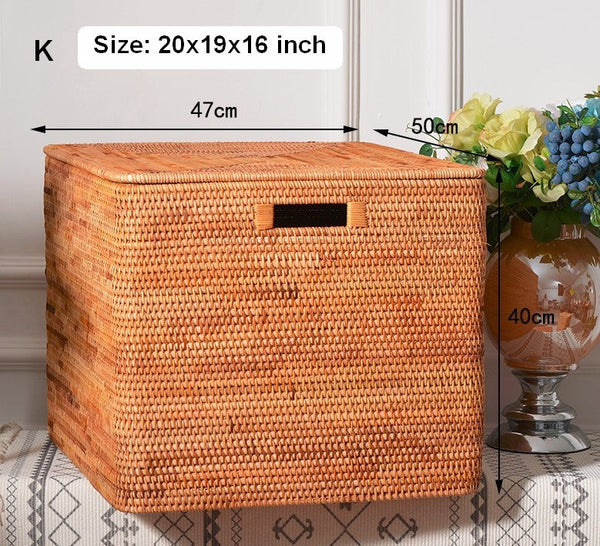 Rectangular Storage Basket with Lid, Rattan Storage Baskets for Clothes, Kitchen Storage Baskets, Oversized Storage Baskets for Living Room-Silvia Home Craft