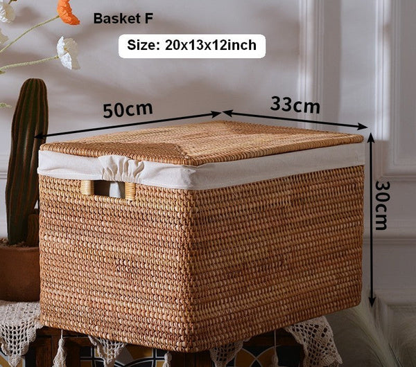 Rectangular Storage Basket with Lid, Rattan Storage Basket for Shelves, Extra Large Storage Baskets for Bedroom, Storage Baskets for Clothes-Silvia Home Craft