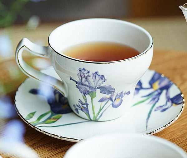 Beautiful Porcelain Tea Cup Saucer Set, Iris Flower British Tea Cups, Traditional English Tea Cup and Saucer, Unique Ceramic Coffee Cups in Gift Box-Silvia Home Craft