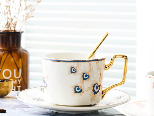 British Tea Cups, Coffee Cups with Gold Trim and Gift Box, Peacock Tail Pattern Porcelain Coffee Cups, Tea Cups and Saucers-Silvia Home Craft