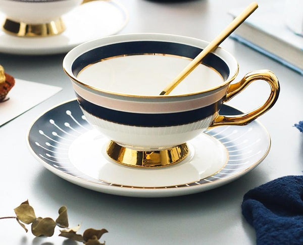 British Tea Cups, Porcelain Coffee Cups, Latte Coffee Cups, Tea Cups and Saucers, Coffee Cups with Gold Trim and Gift Box-Silvia Home Craft