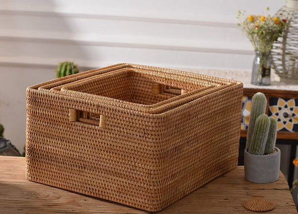 Woven Storage Baskets, Rectangular Storage Baskets, Rattan Storage Basket for Shelves, Kitchen Storage Baskets, Storage Baskets for Bathroom-Silvia Home Craft
