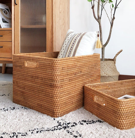 Rectangular Storage Basket for Shelves, Rattan Storage Basket for Kitchen, Storage Baskets for Bathroom, Woven Storage Baskets for Clothes-Silvia Home Craft