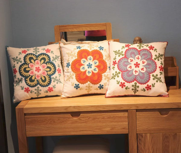 Flower Decorative Pillows for Couch, Sofa Decorative Pillows, Embroider Flower Cotton Pillow Covers, Farmhouse Decorative Throw Pillows-Silvia Home Craft