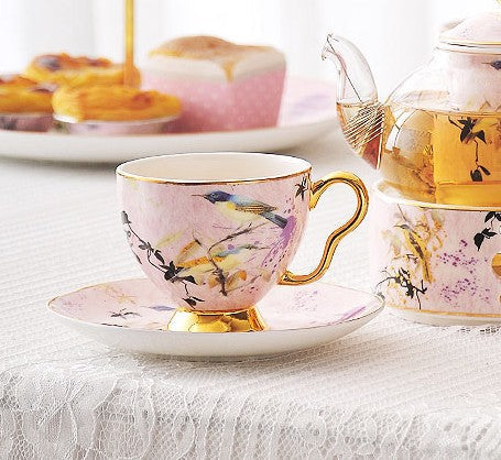 Elegant Pink Ceramic Coffee Cups, Unique Bird Flower Tea Cup and Saucer in Gift Box as Birthday Gift, Beautiful British Tea Cups, Royal Porcelain Tea Cup Set-Silvia Home Craft