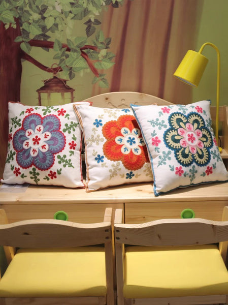 Flower Decorative Pillows for Couch, Sofa Decorative Pillows, Embroider Flower Cotton Pillow Covers, Farmhouse Decorative Throw Pillows-Silvia Home Craft