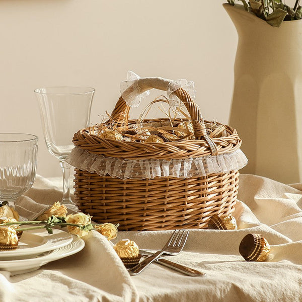Storage Basket for Kitchen, Picnic Storage Basket with Handle, Hand-woven Wicker Storage Basket, Natural Fruit Basket, Willow Weaving Baskets for Shelves-Silvia Home Craft