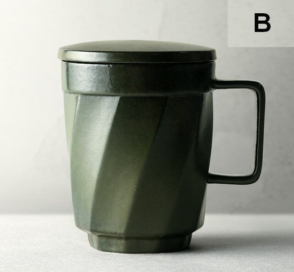 Large Modern Handmade Pottery Coffee Cup, Creative Brown Green Blue Black Ceramic Coffee Mugs, Large Unique Tea Cup, Large Capacity Coffee Mug with Cover-Silvia Home Craft