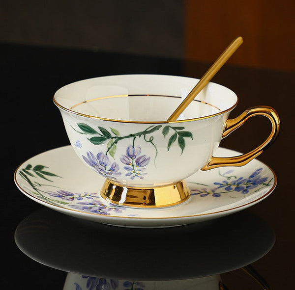 Elegant Ceramic Coffee Cup and Saucer, 7.4 oz Floral Porcelain Tea Cup and Saucer Set, Flower Porcelain Cup and Saucer Set, Beautiful British Flower Tea Cups-Silvia Home Craft