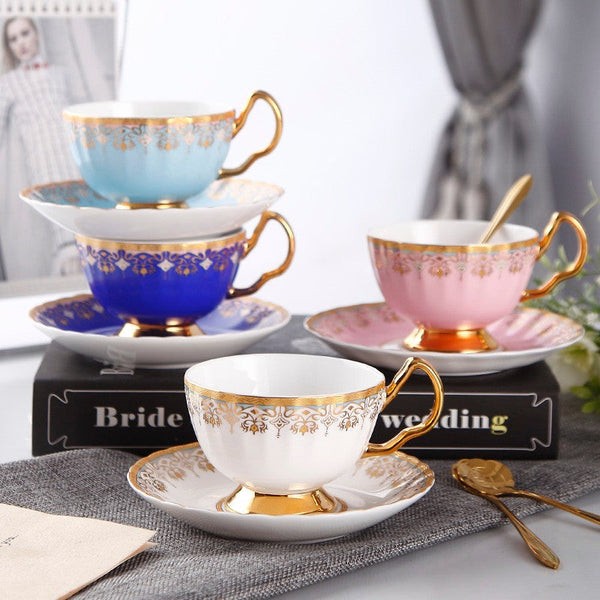 Unique British Tea Cup and Saucer in Gift Box, Pink Blue White Bone China Porcelain Tea Cup Set, Elegant British Ceramic Coffee Cups for Afternoon Tea-Silvia Home Craft