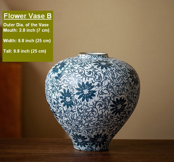 Centerpiece on Dining Table, Large Blue Flower Vase on Table, Vintage Bouquet Flower Vases, Handmade Porcelain Flower Vases Urn, Water Holding Flower Vases-Silvia Home Craft