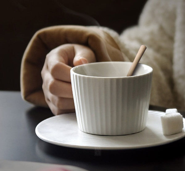 Unique White Tea Cup, Modern Handmade Pottery Coffee Cup, Creative White Ceramic Coffee Cup with Saucer, White Tea Cup for Afternoon Tea-Silvia Home Craft