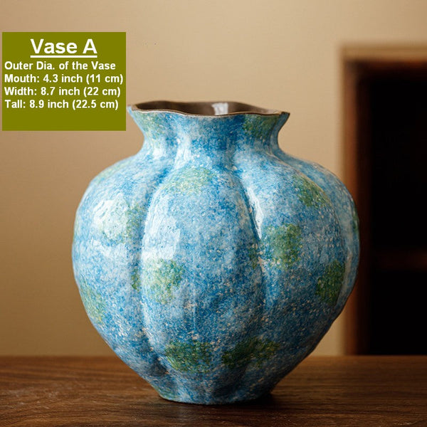 Centerpiece on Dining Table, Blue Flower Vase on Table, Handmade Water Holding Flower Vases, Pottery Flower Vases, Modern Bouquet Flower Vases-Silvia Home Craft