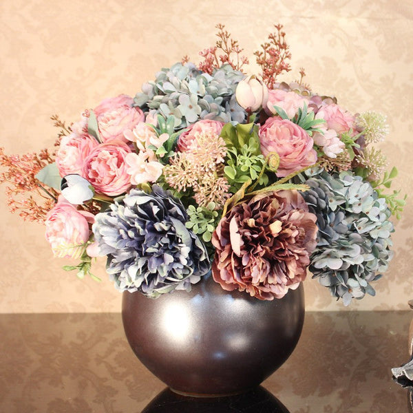 Large Bunch of Autumn Flowers Arrangement Interior Design, Unique Artificial Floral Arrangement for Dining Room, Peony Faux Silk Floral Bouquet Table Centerpiece-Silvia Home Craft