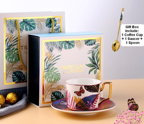 Coffee Cups with Gold Trim and Gift Box, Jungle Leopard Pattern Porcelain Coffee Cups, 7.4 oz Tea Cup and Saucer-Silvia Home Craft