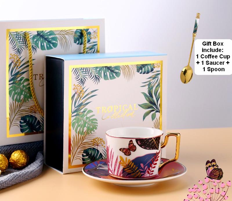 Butterfly Pattern Porcelain Coffee Cups, Coffee Cups with Gold Trim and Gift Box, Tea Cups and Saucers-Silvia Home Craft