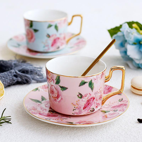 Blue Coffee Cups with Gold Trim and Gift Box, British Tea Cups, Porcelain Coffee Cups, Rose Flower Tea Cups and Saucers, Latte Coffee Cups-Silvia Home Craft
