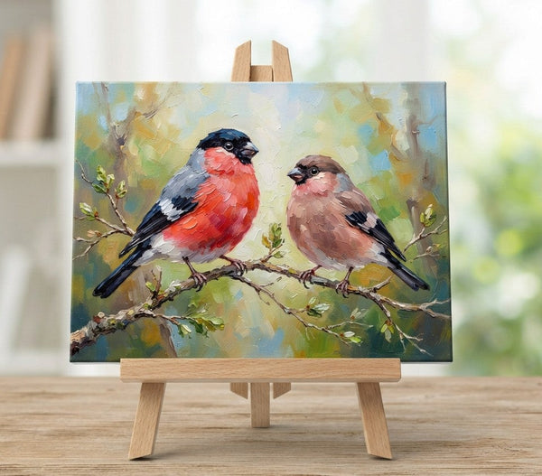 Bullfinch birds Painting, Love Bird Couple Painting, Hand Painted Canvas Art, Original Oil Paintings, Small Canvas Wall Art Paintings, Buy Original Oil Paintings Online