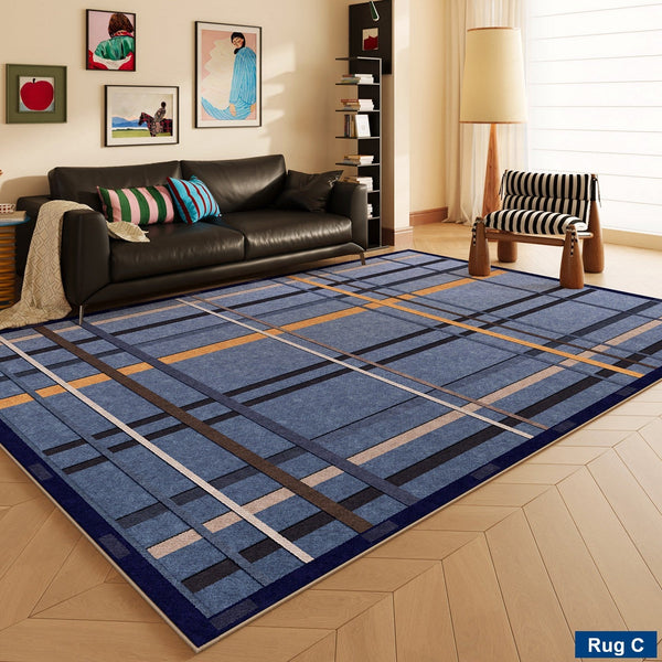 Mid Century Modern Rugs, Bedroom Modern Floor Carpet, Blue Modern Rug Designs, Contemporary Modern Rugs for Dining Room, Living Room Rug Ideas-Silvia Home Craft