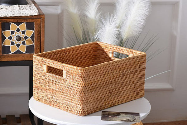 Storage Baskets for Kitchen, Woven Rattan Rectangular Storage Baskets, Wicker Storage Basket for Clothes, Storage Baskets for Bathroom, Storage Baskets for Toys-Silvia Home Craft