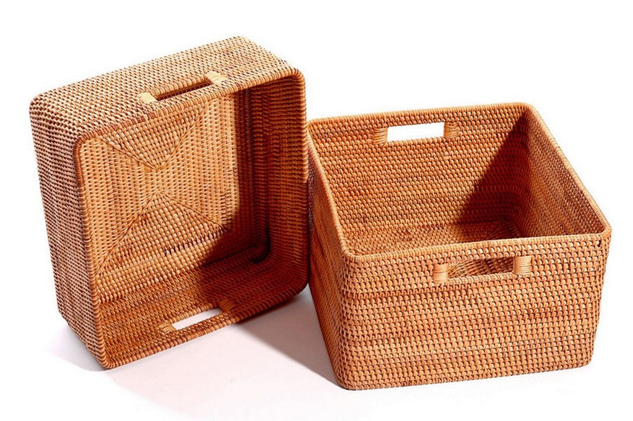Rectangular Rattan Storage Basket With Handles For Kitchen Organization