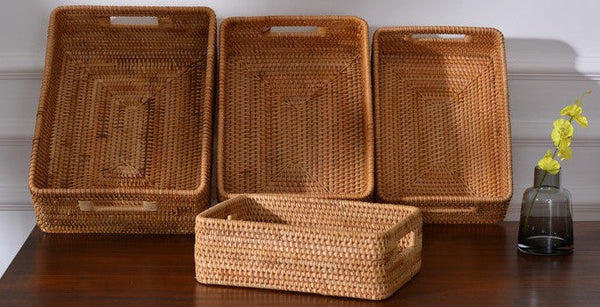 Rattan Storage Baskets for Kitchen, Rectangular Storage Baskets for Pantry, Storage Baskets for Shelves, Woven Storage Baskets for Bathroom-Silvia Home Craft