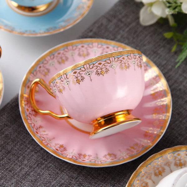 Unique British Tea Cup and Saucer in Gift Box, Pink Blue White Porcelain Tea Cup Saucer Set, Elegant British Ceramic Coffee Cups for Traditional Afternoon Tea-Silvia Home Craft