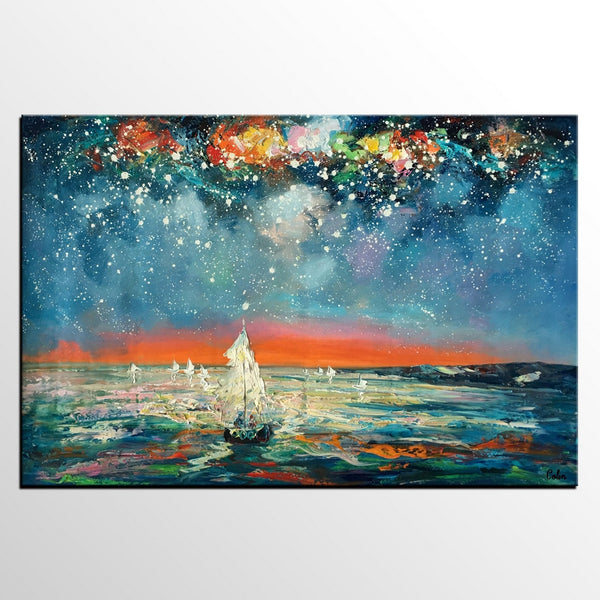 Impasto Art, Heavy Texture Painting, Starry Night Sky, Abstract Landscape Painting, Palette Knife Art, Custom Artwork-Silvia Home Craft