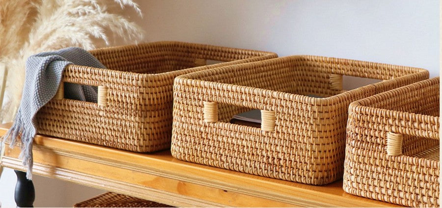 Large Handmade Rectangular Rattan Basket With Sturdy Handles