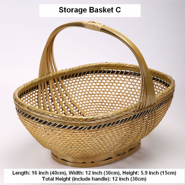 Natural Hand-woven Bamboo Basket, Extra Large Picnic Food Basket with Handle, Lovely Bamboo Baskets for Vegetable, Natural Fruit Basket Kitchen Storage Baskets-Silvia Home Craft