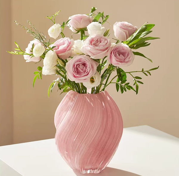 Handmade Contemporary Glass Vases, Mid Century Pink Vases for Flowers, Modern Vases for Living Room, Unique Decorative Glass Vase, Centerpiece Vases on Table-Silvia Home Craft