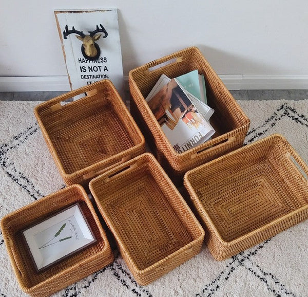 Woven Storage Baskets, Rectangular Storage Baskets, Rattan Storage Basket for Shelves, Kitchen Storage Baskets, Storage Baskets for Bathroom-Silvia Home Craft