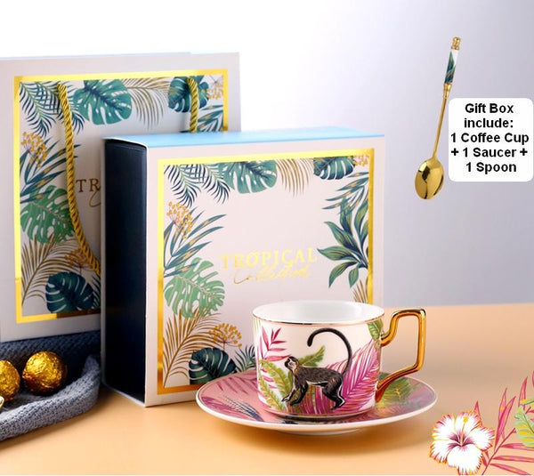 Jungle Animals Porcelain Coffee Cups, Coffee Cups with Gold Trim and Gift Box, 7.4 oz Tea Cup and Saucer-Silvia Home Craft