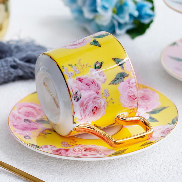 Porcelain Coffee Cups, British Tea Cups, Yellow Coffee Cups with Gold Trim and Gift Box, Rose Flower Tea Cup and Saucer, Latte Coffee Cups-Silvia Home Craft