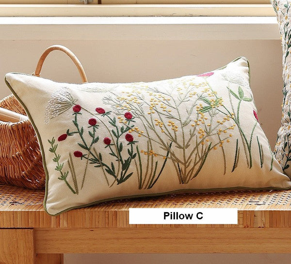 Farmhouse Decorative Pillows for Sofa, Embroider Flower Cotton Pillow Covers, Spring Flower Decorative Pillows for Bedroom, Decorative Pillows for Couch-Silvia Home Craft