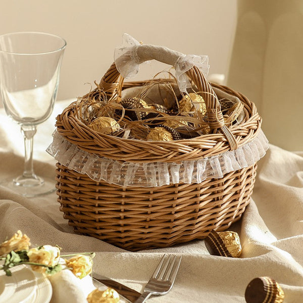 Storage Basket for Kitchen, Picnic Storage Basket with Handle, Hand-woven Wicker Storage Basket, Natural Fruit Basket, Willow Weaving Baskets for Shelves-Silvia Home Craft