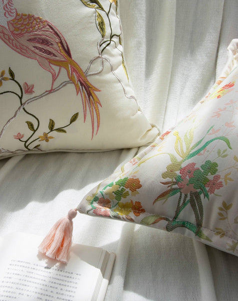 Living Room Decorative Pillows, Modern Decorative Cushions, Decorative Pillows for Bed, Decorative Pillow Arrangement Ideas for Interior Design, Embroidered Floral Bird Pattern Pillow Covers-Silvia Home Craft